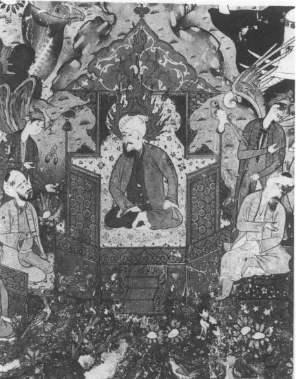 King Solomon enthroned between grand vizier Aasif (left) and king of jinns (right). A 16th-century Safavid miniature.