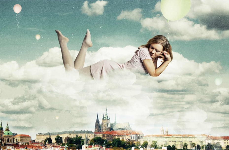 A Journey into Dream Interpretation:beauty woman in the clouds over Prague