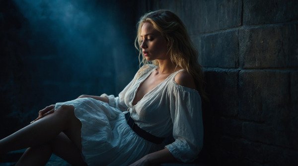 Young woman in a dim, mystical setting surrounded by soft light, symbolizing modern occult and magical practice.