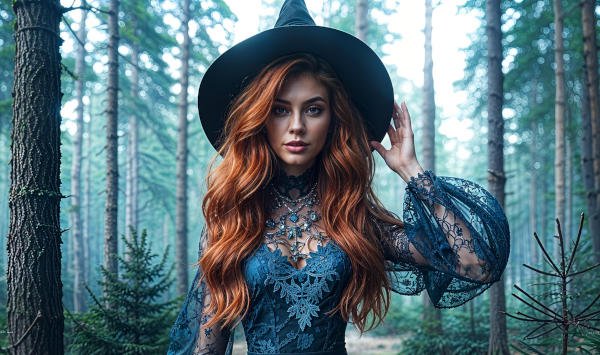 Figure of a woman standing in a misty, enchanted landscape, suggesting mystery, intuition, and otherworldly realms.